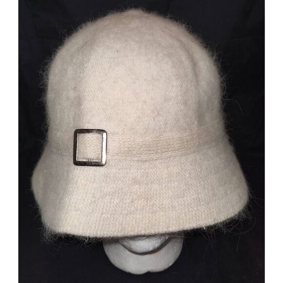 Bucket hat Rabbit Hair Wool Blend Bucket cap Cream Fuzzy Silver tone buckle Wome - Picture 1 of 6